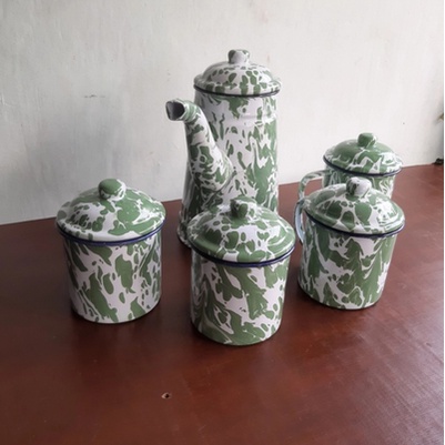 TEKO ESKAN CERET SET MUG CANGKIR ENAMEL SENG KALENG BURIK BLURIK LURIK LOREK BLIRIK LORENG BATIK JAD