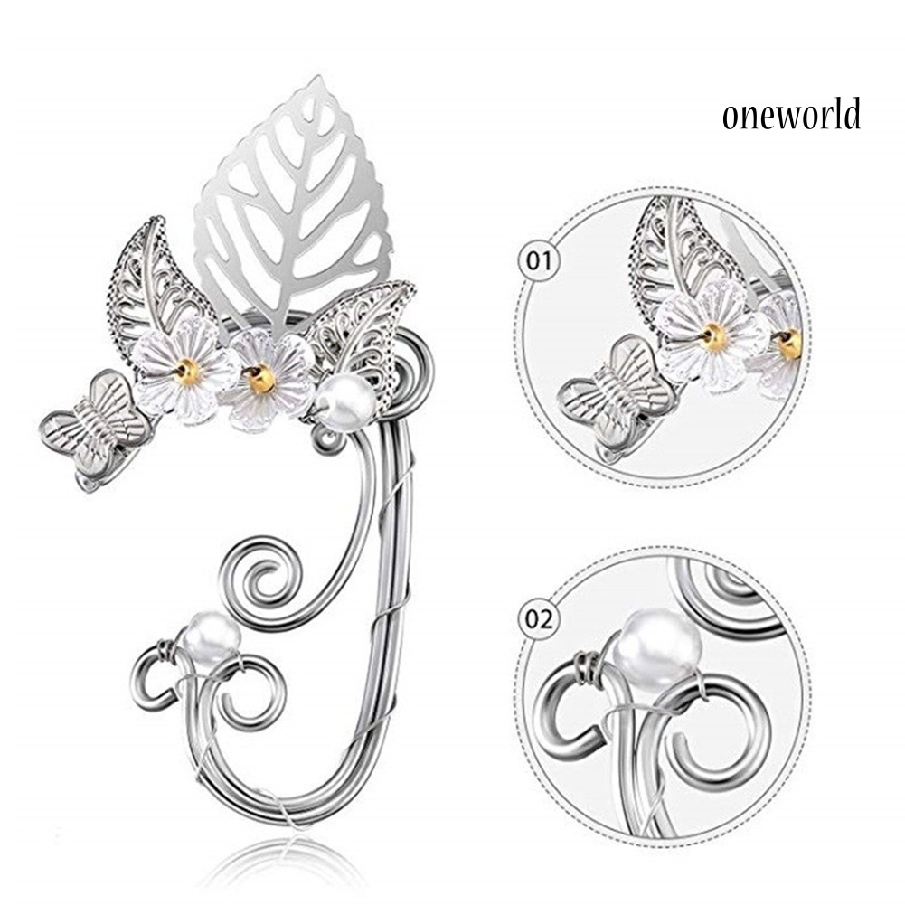 OW# 1Pc Hollow Flower Leaf Elf Faux Pearl Ear Cuff Clip On Earring Party Jewelry