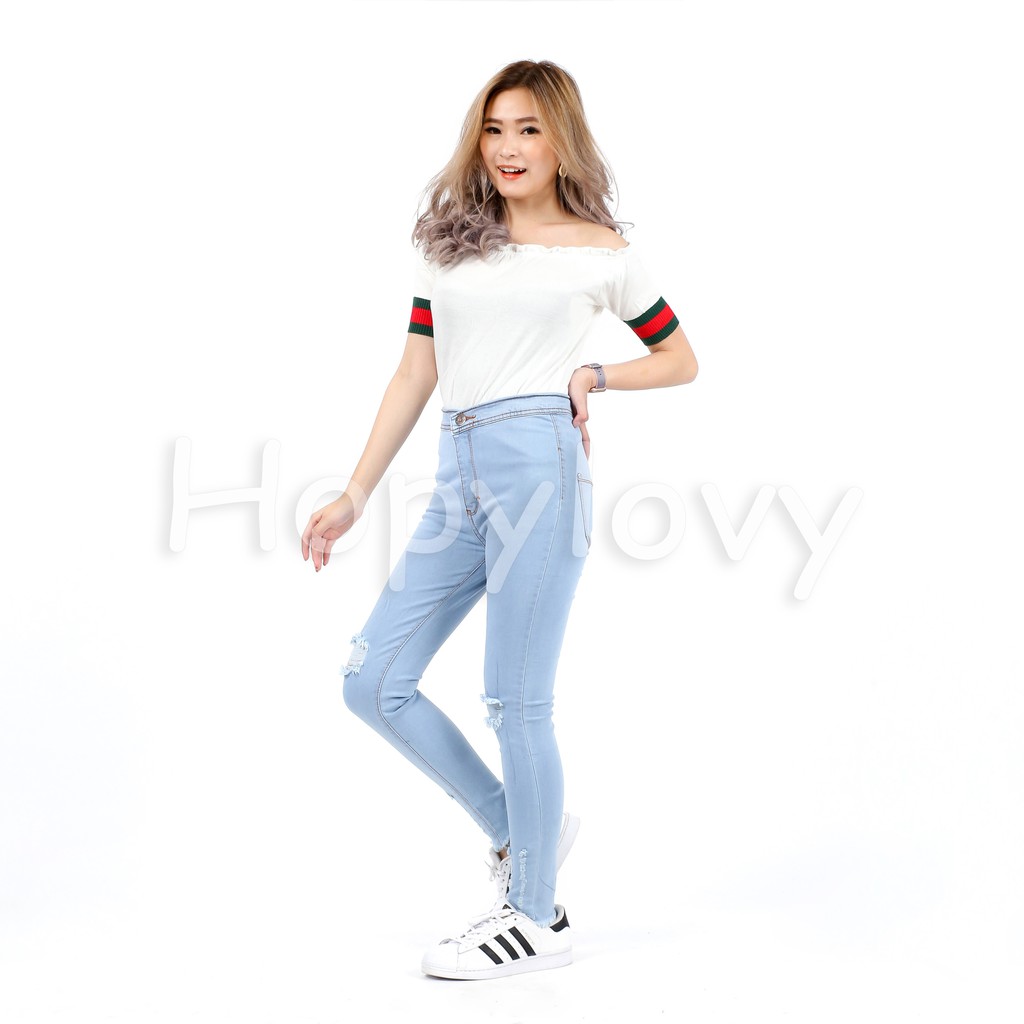 HOPYLOVY Celana Jeans Highwaist Pun Unfinished Ripped Sobek Lutut