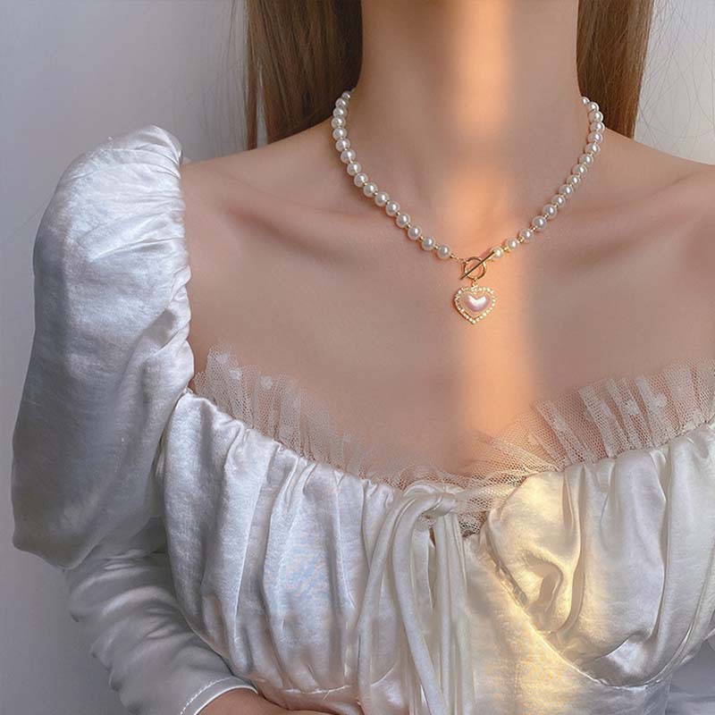 Kalung Rantai Dengan Liontin Hati Aksen Mutiara Untuk Wanita