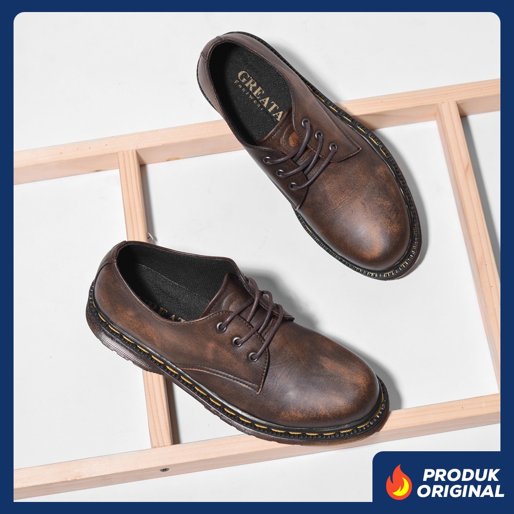 KALMAR CAMEL ORIGINAL x GREATA Sepatu Formal Kulit Sapi Asli Pantofel Tali Pria Kerja Kantor Resmi Guru Kantoran Kuliah Pesta Undangan Kondangan Nikah Modern Oxford Semi Casual Derby Model Docmart Low 3 Hole Genuine Leather Footwear Keren Terbaru Branded