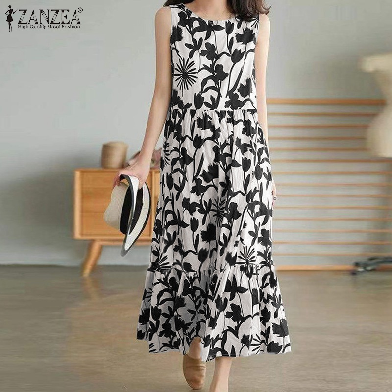 ZANZEA Women Fashion Crew Neck Sleeveless Flowers Printed  Swing Casual Midi Dress