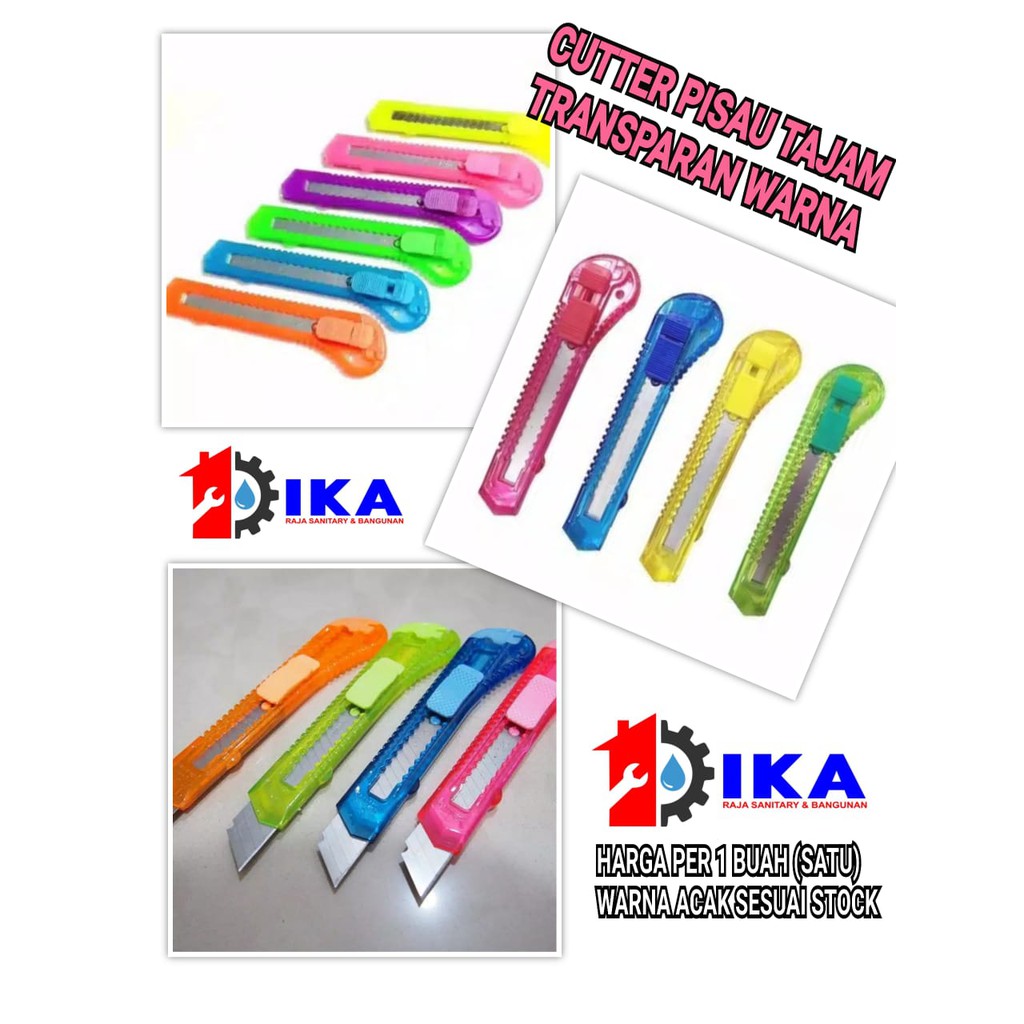 CUTTER TRANSPARAN WARNA WARNI SUPER TAJAM ( HARAG PER 1 BUAH )WARNA ACAK / PISAU KERTAS MURAH MULTI