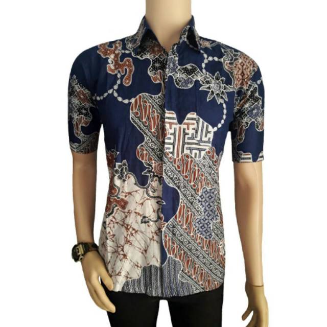 Risna Batik HRB026 kenongo kemeja hem pendek padi pekalongan M L XL MURAH KEREN bati pria wajik biru