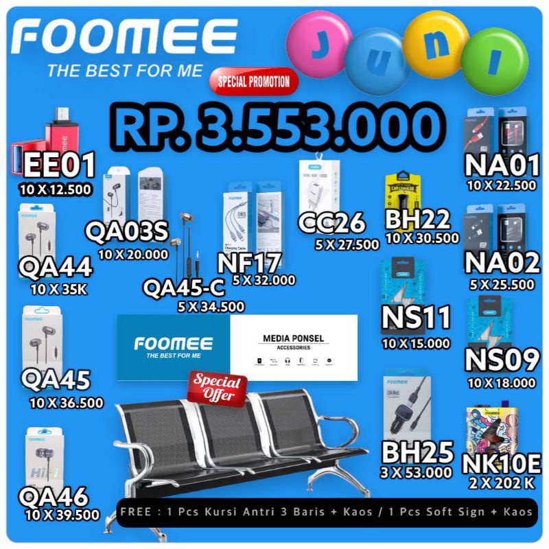 Promo Paket Bundling Free Kursi Antri / Soft Sign Light + Kaos FOOMEE ( NA01 + NA02 + NS09 + QA44 + 