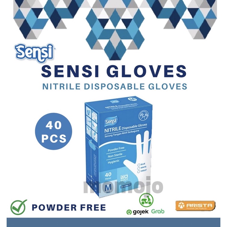 SENSI Nitrile Disposable Gloves Sarung Tangan Nitril Biru Powder Free isi 40 pcs