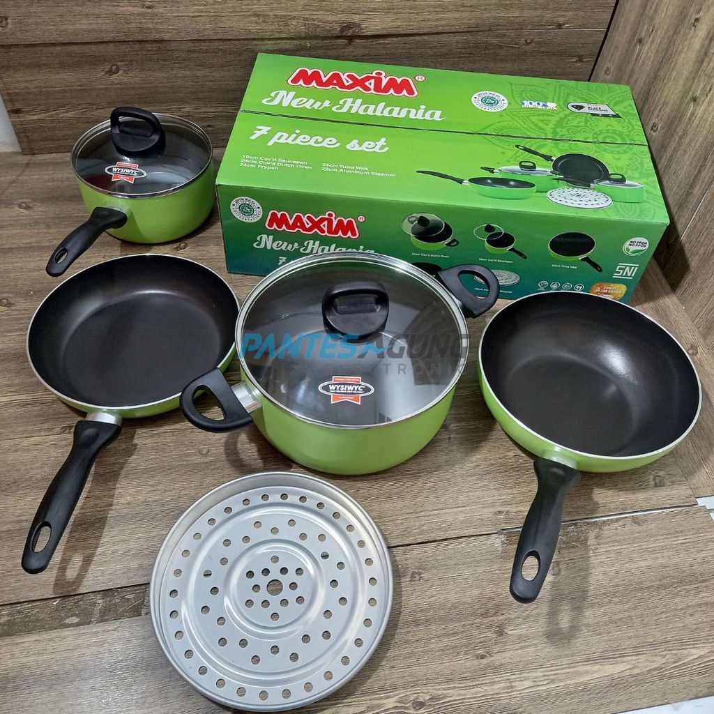 MAXIM New Halania 7 Pcs Set Panci Wajan Penggorengan Wok Teflon Anti Lengket + Sarangan + Tutup Kaca