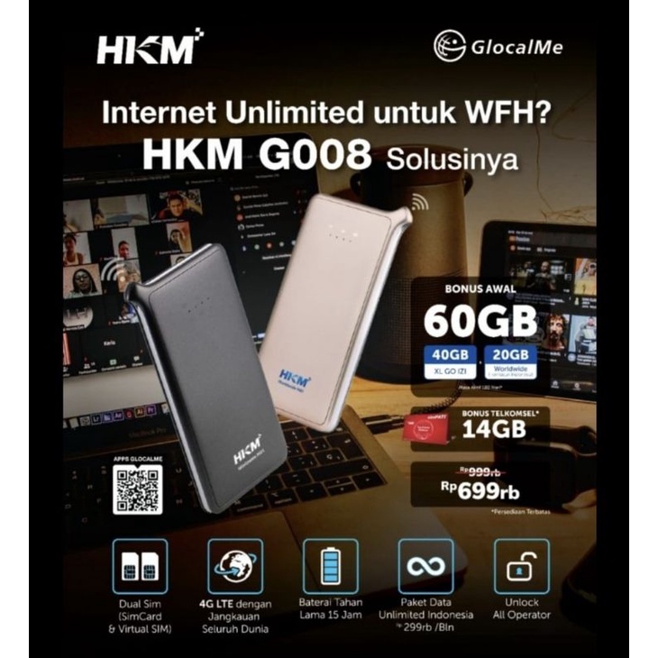 Modem Wifi Mifi Unlock 4G Lte GlocalMe HKM G008 XL Go IZI Free Kuota