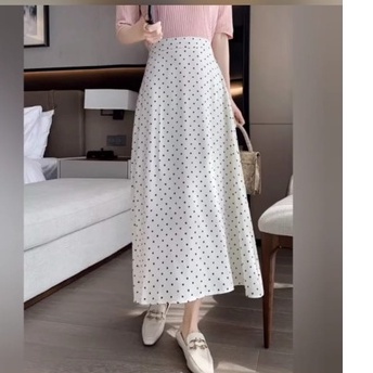 rok polka L-XL-XXL/rok panjang wanita bermotif polkadot kecil/rok maxi-putih
