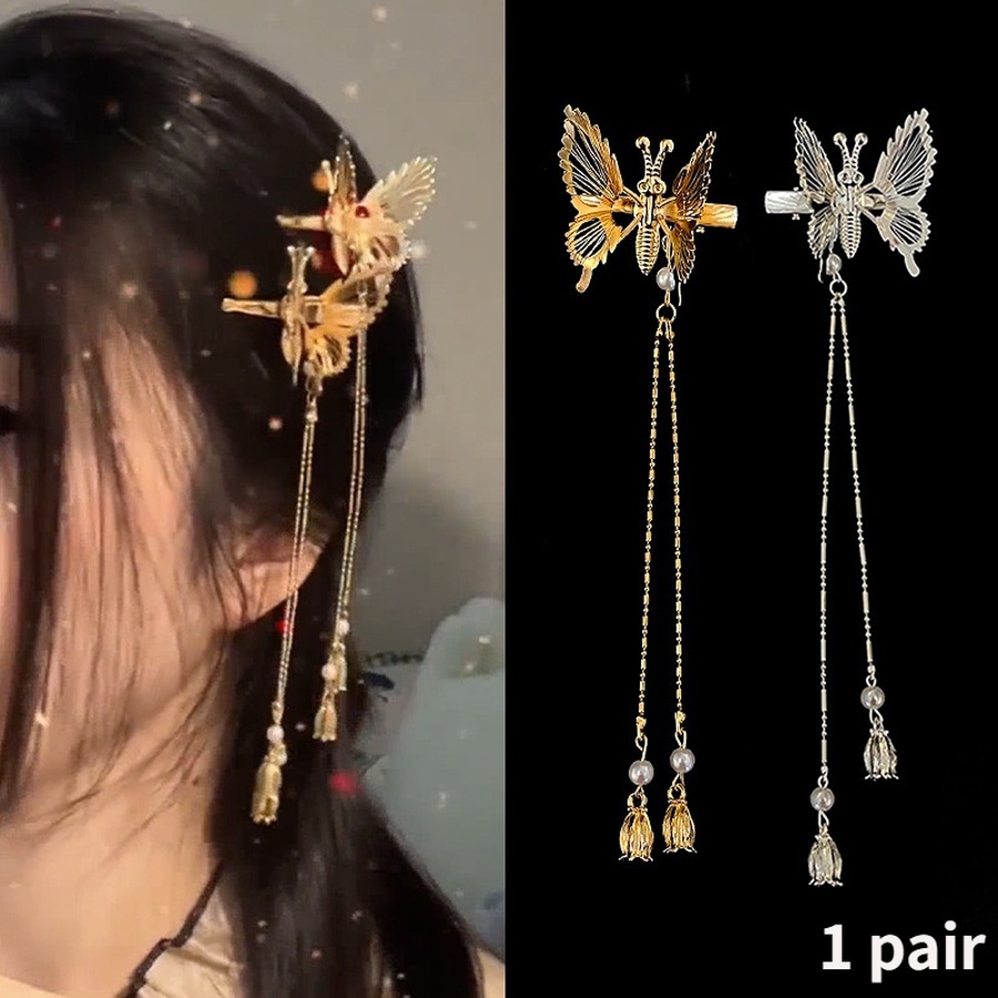 1 Pasang Jepit Rambut Model Butterfly Rumbai Bahan Alloy Warna Gold Silver Gaya Korea Retro Untuk Wanita