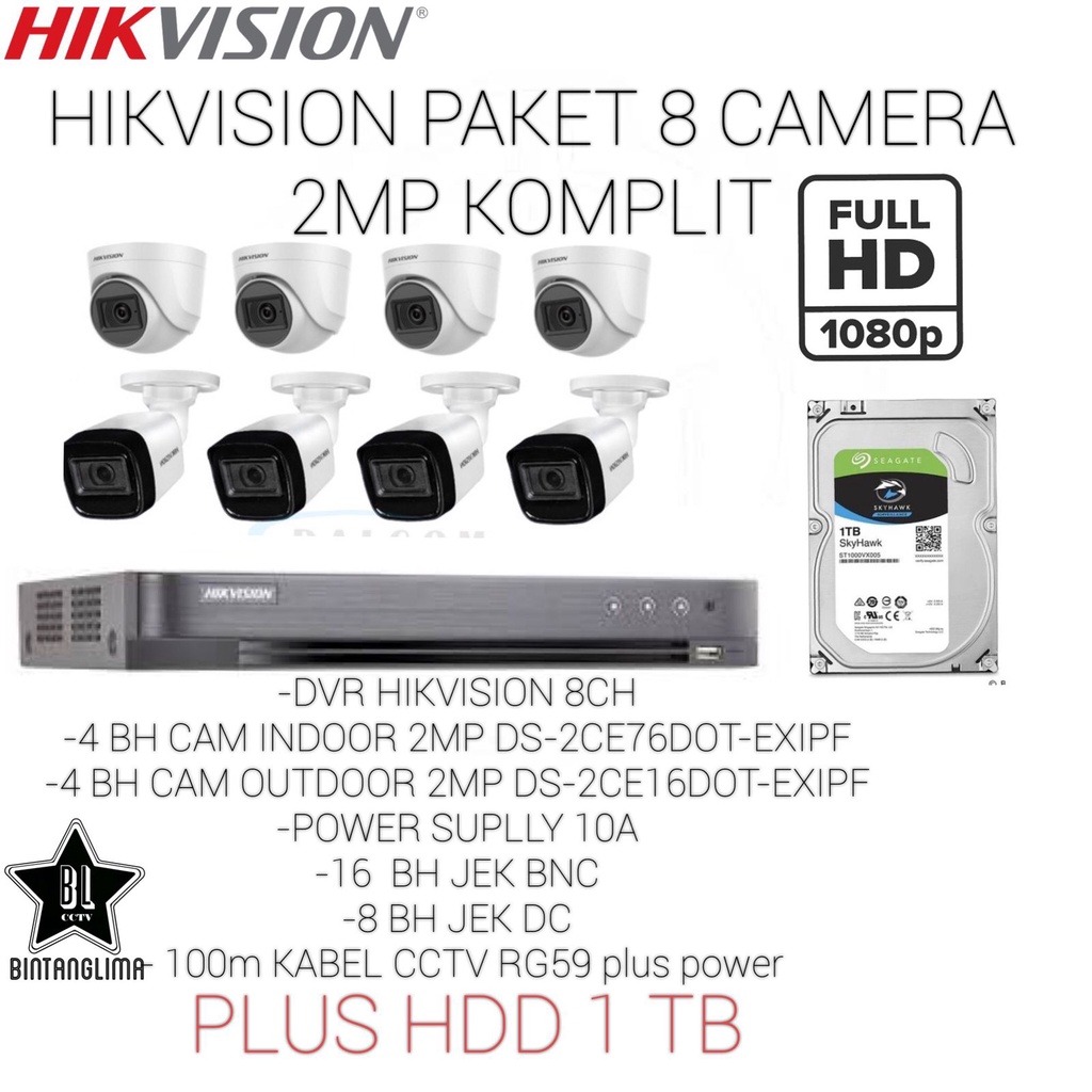 paket HIKVISION 8 CAMERA 2MP KOMPLIT DAN MURAH