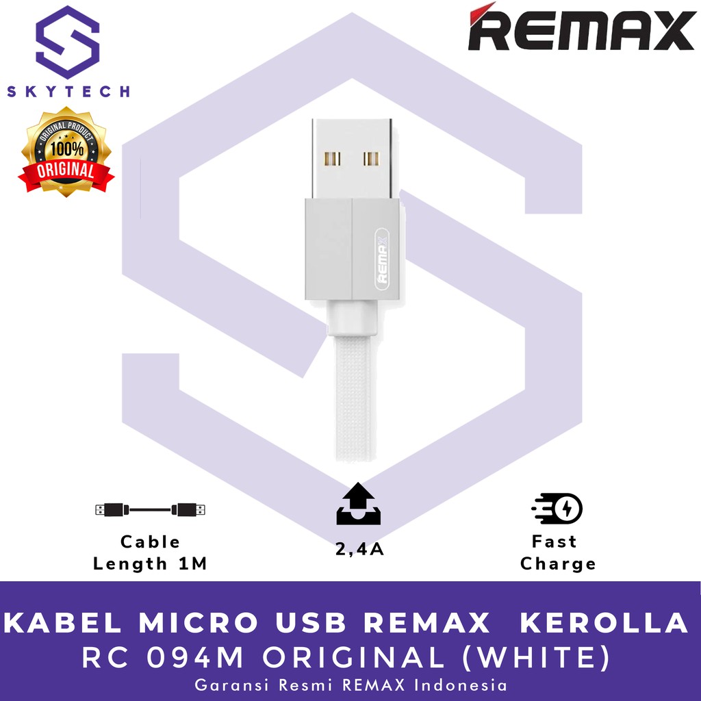 KABEL MICRO USB REMAX  KEROLLA 1M WHITE RC 094M ORIGINAL GARANSI RESMI