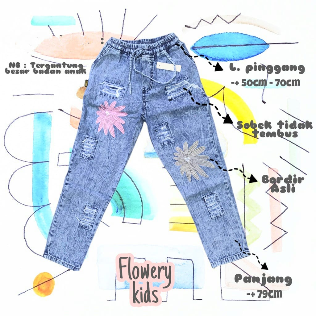 CELANA JEANS ANAK BAGGY SNOW WASH FULL BORDIL, LOVE, QOALA CELANA PEREMPUAN BUNGA CEMPAKA SOBEK ANTI TEMBUS