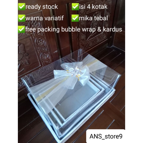 

KOTAK HANTARAN SESERAHAN LAMARAN PERNIKAHAN PARCEL TUTUP MIKA ISI 4 BOX MODEL TERBARU HARGA PROMO MURAH