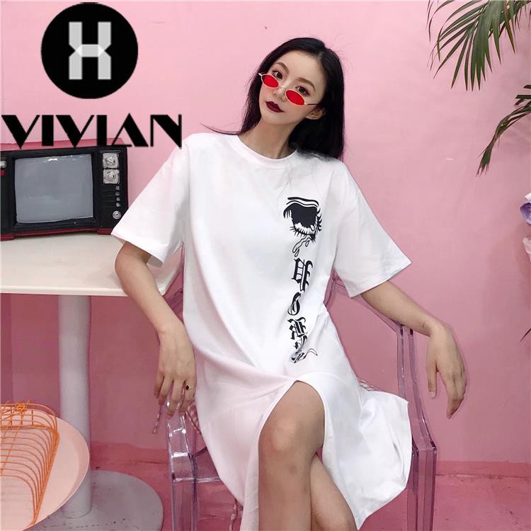 ?VIVIAN? Dress Kaos Wanita Lengan 1/2 Longgar Motif Print Tulisan dengan Belahan Depan Gaya Korea