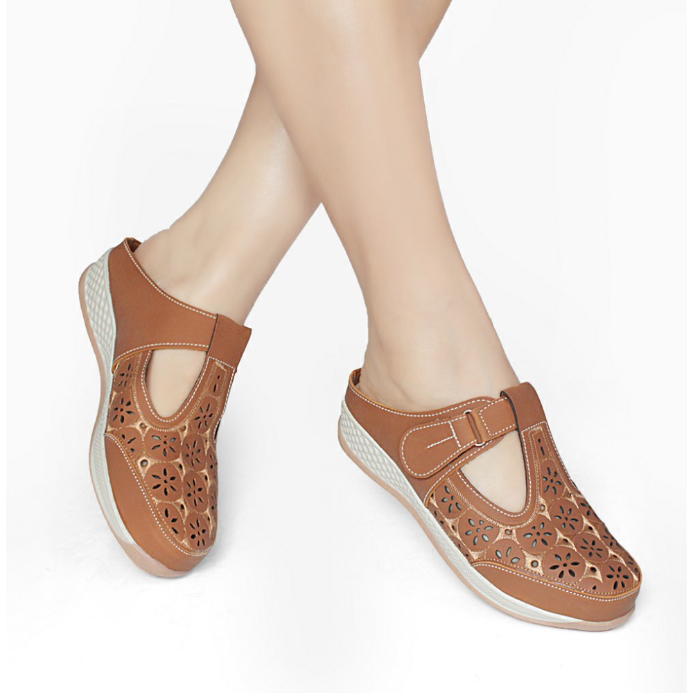 SANDAL SLOP LASER BORDIR WANITA CASUAL MULAN NCB0712-Tan