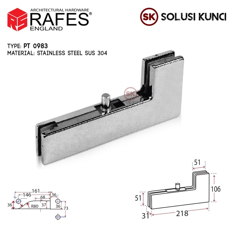 Patch Fitting Penjepit Pintu Kaca PT 40 RAFES Stainless Steel SUS 304
