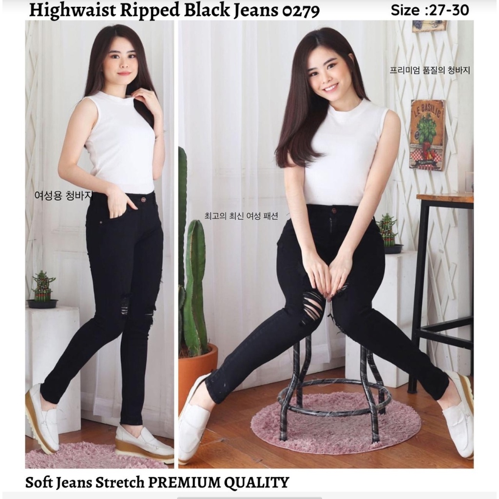 Celana panjang wanita hitam sobek sobek dilutut stretch