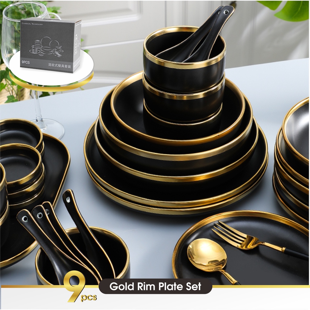 Set 9 &amp; 26 PCS Piring Mangkok Makan Hitam Keramik Pinggiran Emas Cantik Ceramic Mewah Western Steak Gold Rim Plate