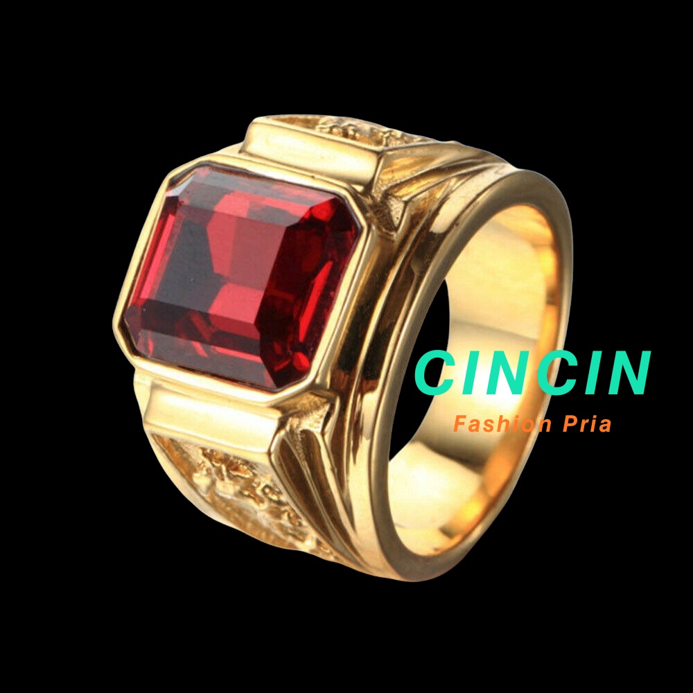Batu permata Rubi Merah 18K Emas Titanium Kristal Pria Perhiasan Fashion Satwa naga Cincin Rings
