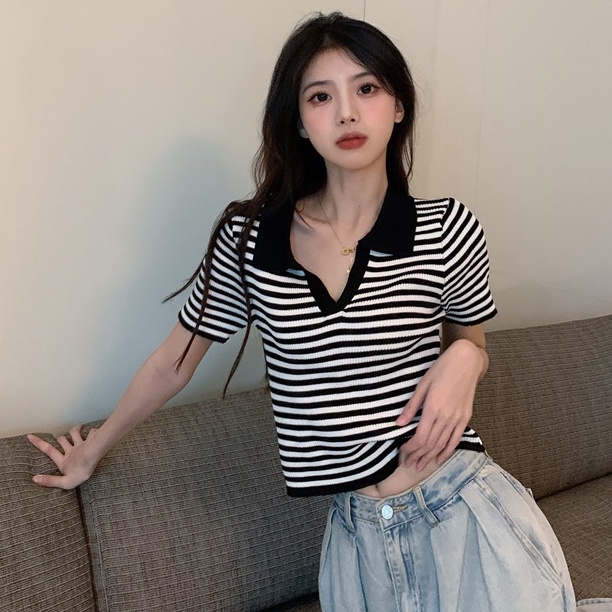 【Elegant】Vintagec Polo-neck Striped Short Sleeve Knitted T-shirts 7384