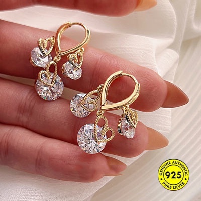 Anting Klip Lapis Emas 18K Bentuk Hati Bahan Zircon Anti Alergi Untuk Wanita