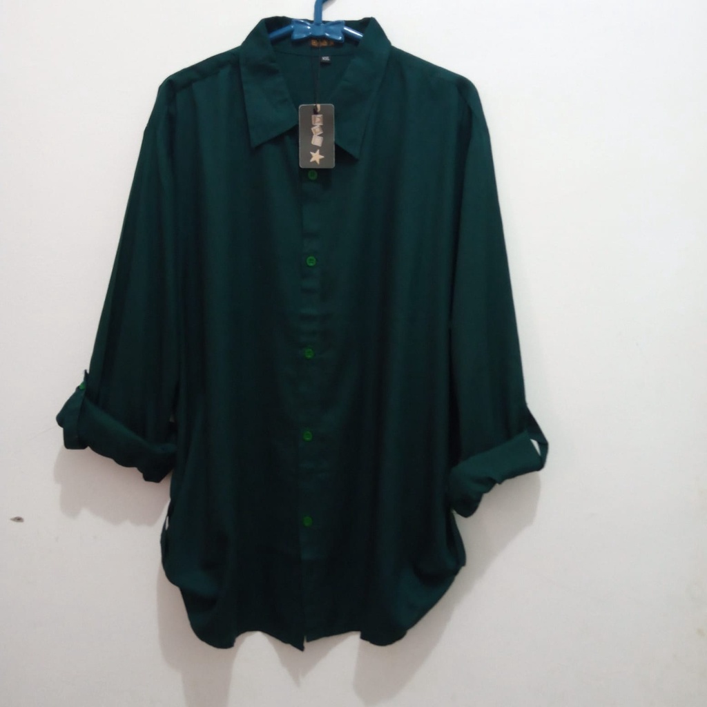ARD Kemeja polos wanita katun rayon hijau tua hijau botol bahan rayon adem lembut