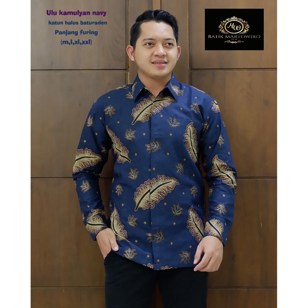 ULU KAMULYAN NAVY Kemeja Batik Pria Lengan Panjang Katun Halus Martowiro FULL FURING