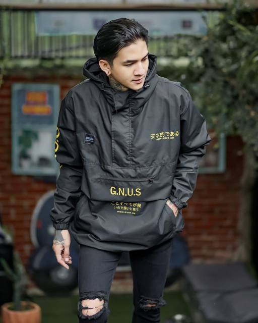 GENIOUS Jaket Cougle Hitam Jaket Parasut Pria