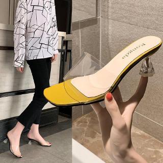  Sandal  Model High Heels Elegan  Aksen Transparan Anti Slip 