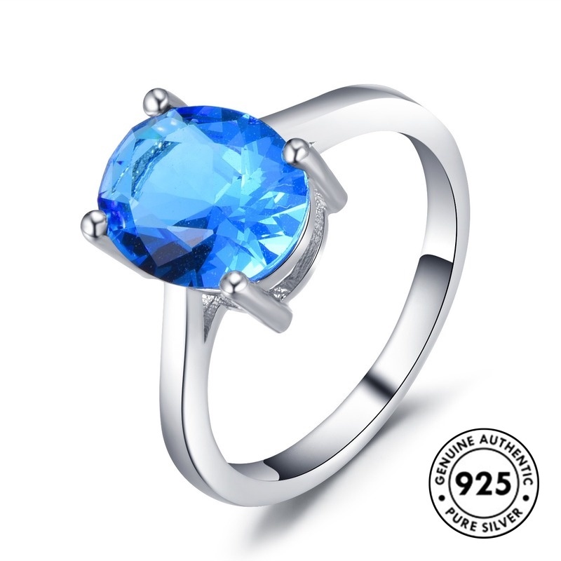 Cincin Sterling Silver 925 Klasik Dengan Kristal Warna Biru Untuk Wanita