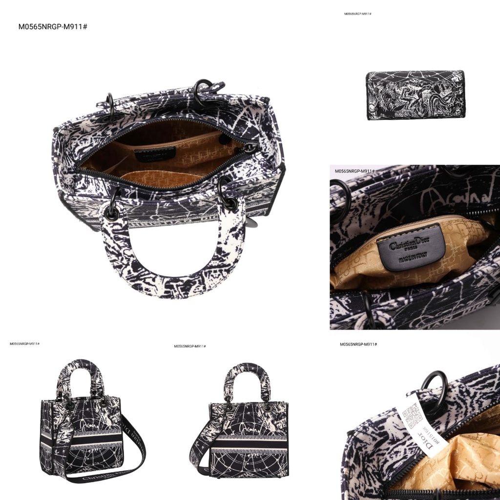 Lady Medium D-Lite Black White Around The World Embroidery Handbag M0565NRGP-M911