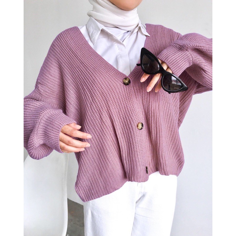 Lila Crop Cardigan Rajut Premium Tebal Cardigan Kancing Oversize-Lilac