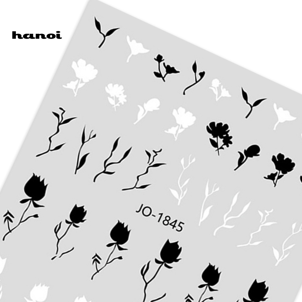 Han_stiker Kuku Motif Bunga Mawar / Daun Warna Hitam / Putih Untuk Nail Art