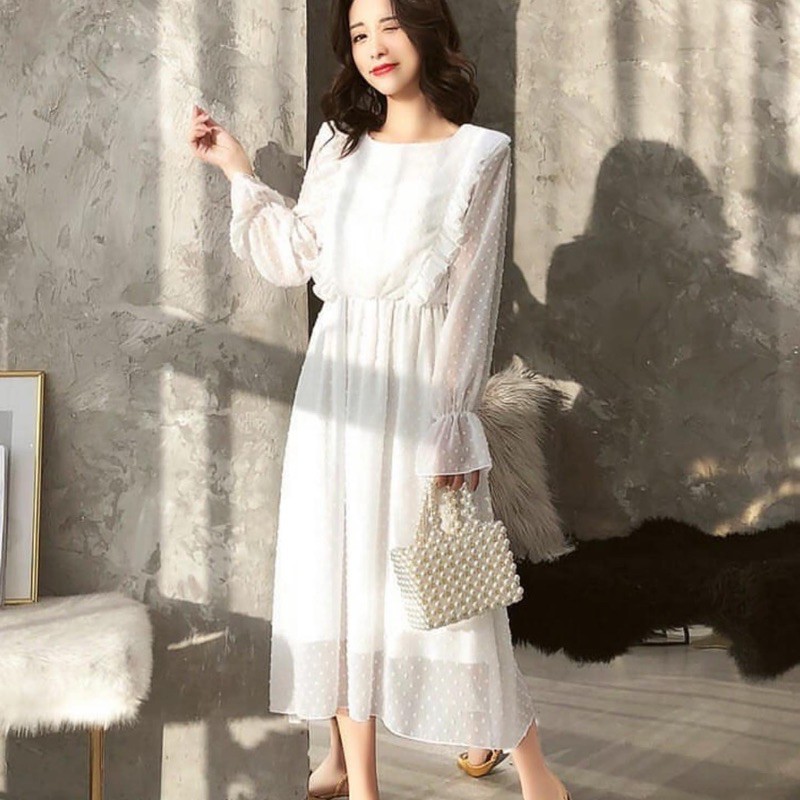 dress putih casual dengan lengan panjang dan dalaman furing CODE TG49-706
