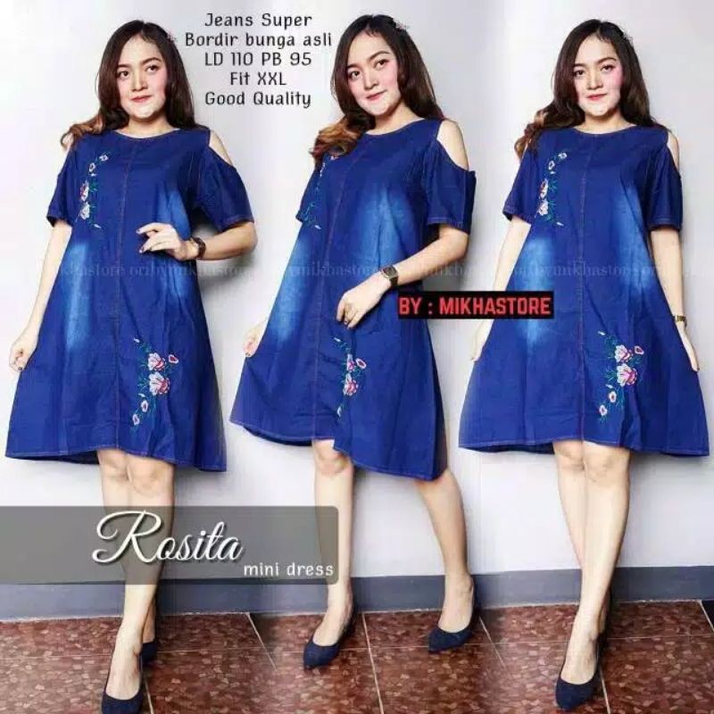 NEW!! ROSITA DRESS DENGAN AKSEN BORDIR ASLI BUNGA MATT JEANS WASH