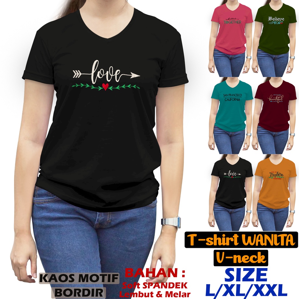 NOA FASHION KAOS WANITA V-NECK L-XL-XXL BORDIR