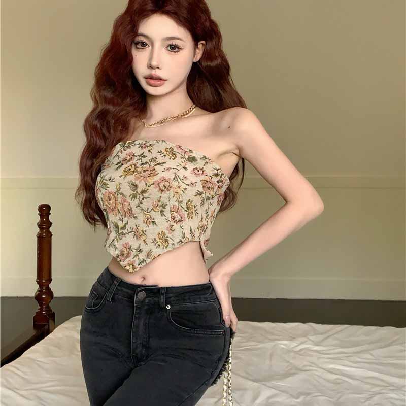 Gaun Gaya Korea Wanita Backless Satu Bahu Tube Top Gaun Bunga Kecil Paket Lembut Hip Rok Pendek