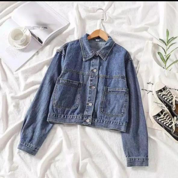 JAKET JEANS ALMA SANDWASH JUMBO LD 100-146 BAHAN DENIM JAKET WANITA CROPTY BIGSIZE-POCKY BIRU LD 100