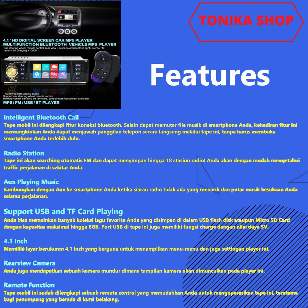 Tape Mobil tip Audio head unit single din MP5 Player Bluetooth Radio AUX USB Rearview Camera 4.1 in