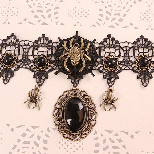 Vintage Gothic Embroidery Spider Choker with Stone Pendant 8514