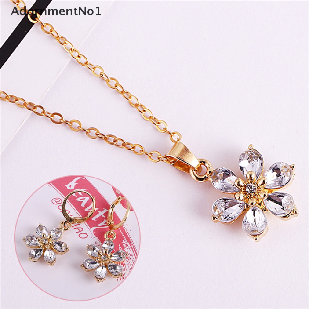 (AdornmentNo1) Set Kalung + Anting Tusuk Lapis Emas Desain Bunga Hias Berlian Imitasi Untuk Wanita