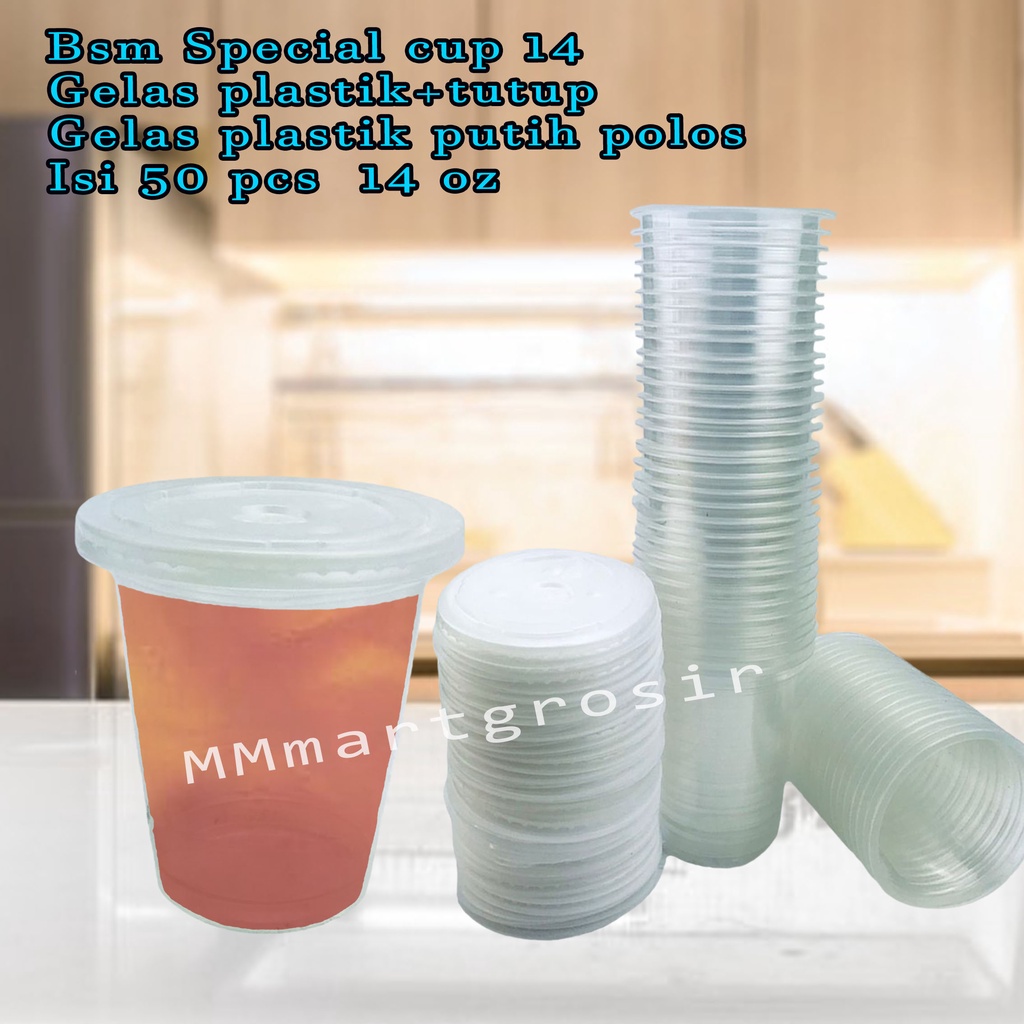 Bsm Special cup 14 / Gelas plastik+tutup / gelas plastik putih polos / Isi 50 pcs / 14 oz