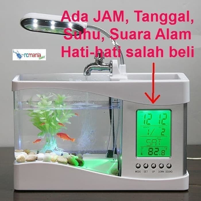 Aquarium Akuarium Mini dengan LED Jam Meja Temperature Desktop USB Alarm