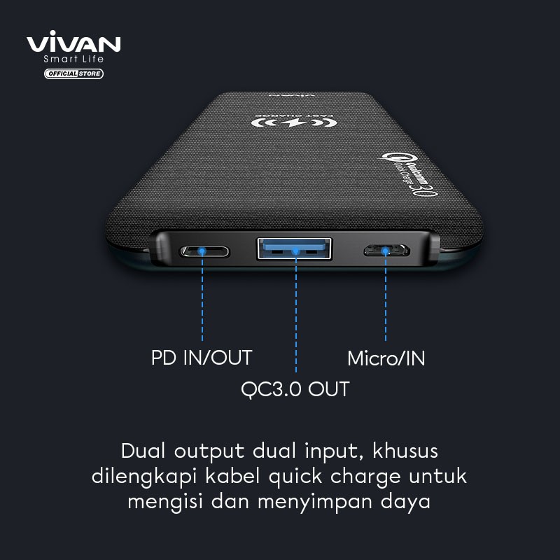 Powerbank Wireless Charg VIVAN W10 Original Power Bank 10000mAh Resmi PD3.0 VPB-W10 + Kabel iPhone