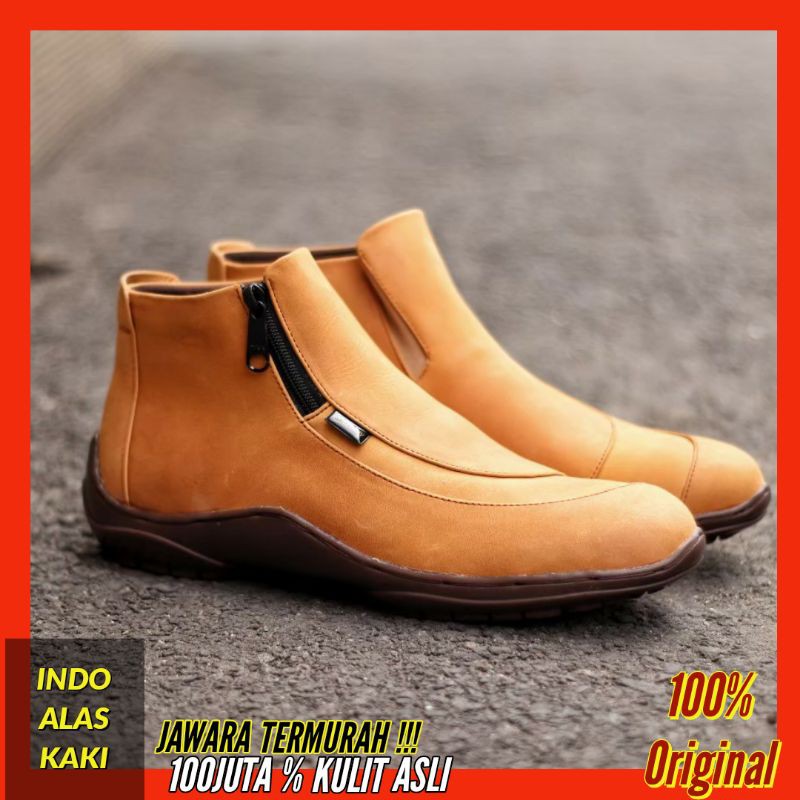 Sepatu Boot Pria Kulit Kasual Tanpa Tali Boots Zipper Cowok Casual Bot sleting CEVANY CORA TAN