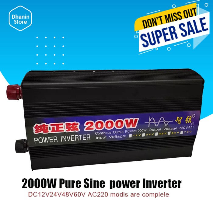Power Inverter Inventer Inferter Dc 12v Ke to Ac 220v Pure Sine Wave PSW Mobil 2000 Watt Sunyima