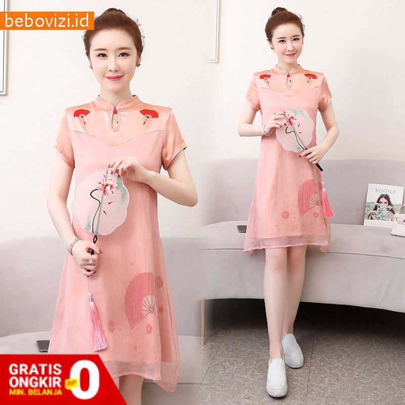 Dress Jumbo Midi Model Cheongsam Lengan Pendek Bahan Sifon 4Xl Wanita
