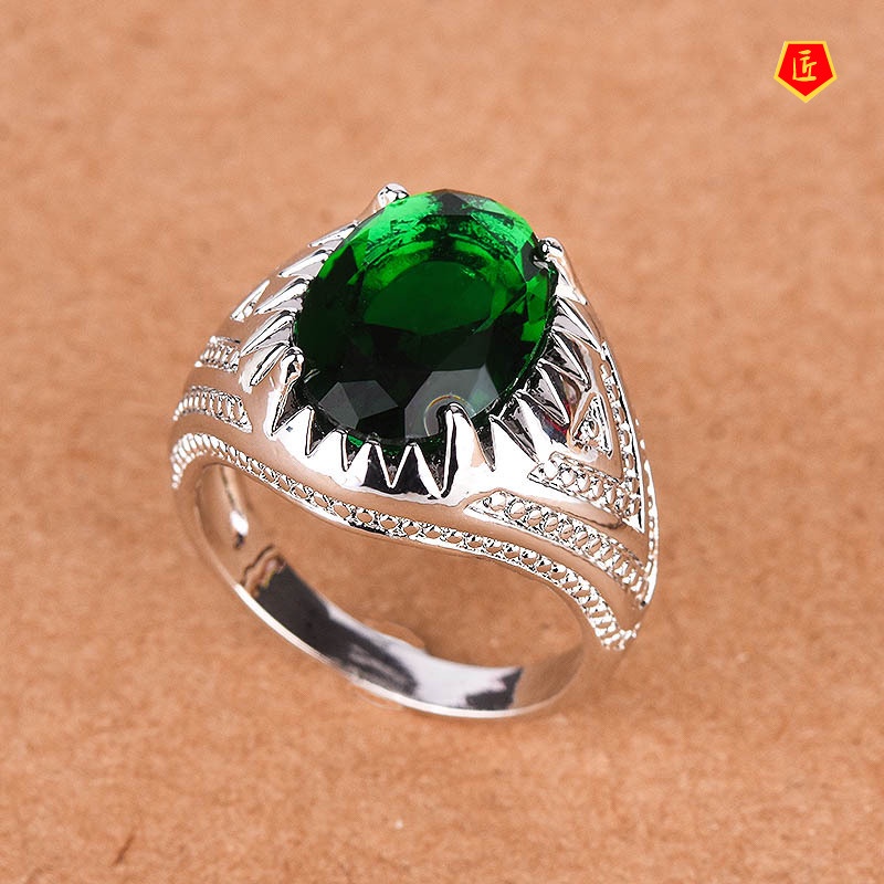 [Ready Stock][Ready Stock]Green Gemstone Ring Retro Silver Fashion Personality