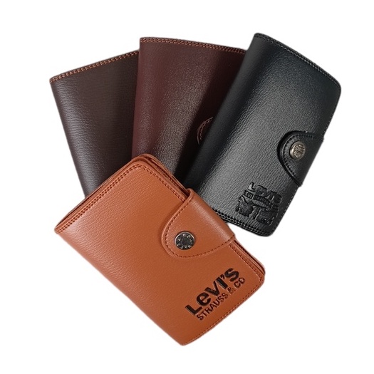 Dompet Pria Lipat Tanggung Kulit Sintetis Slot Kancing Leather PU